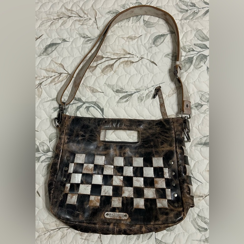 Bed Stu Keiki leather woven checkered crossbody bag.